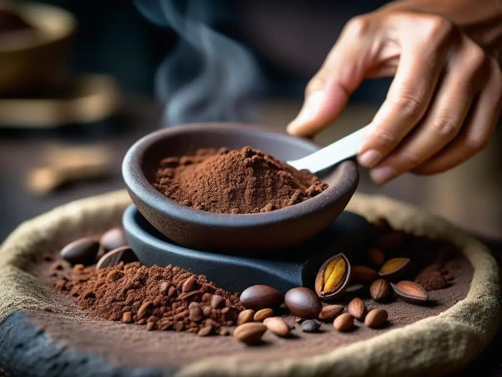 Detalle fascinante del cacao molido en un metate de piedra, revelando la evolución del chocolate