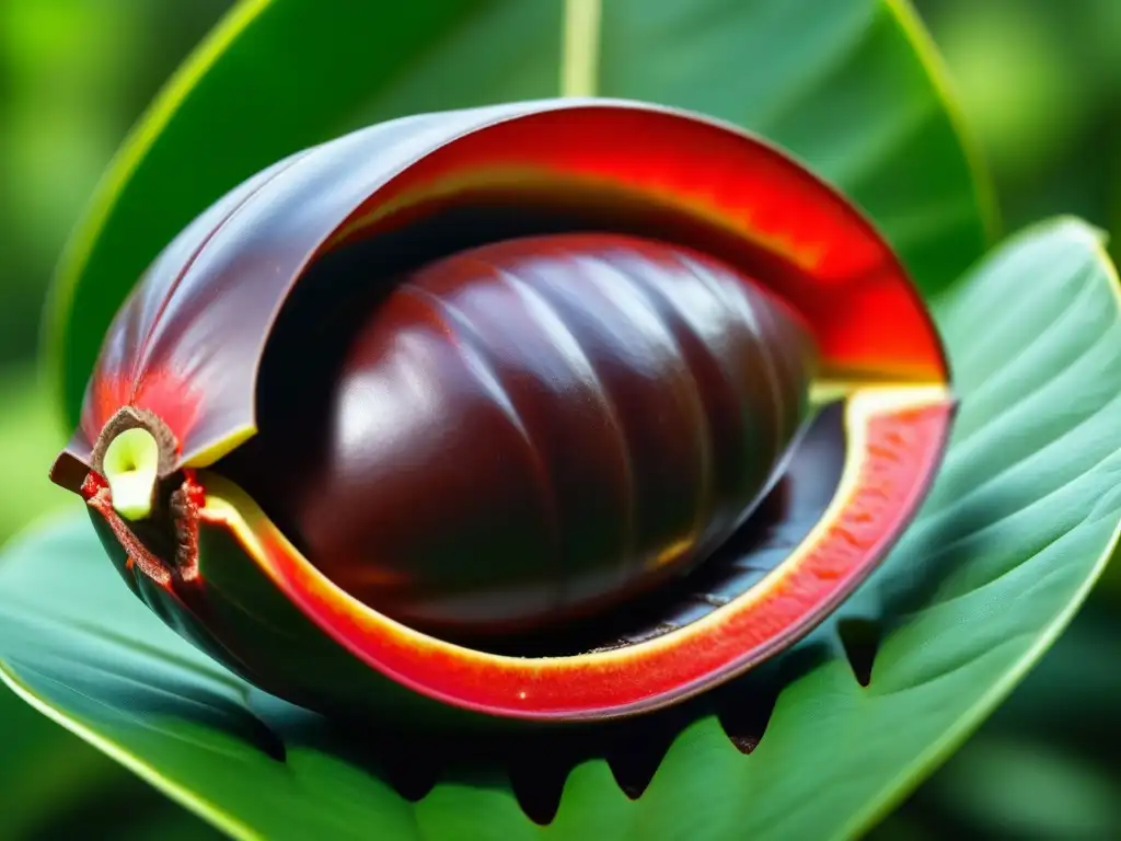 Detalle fascinante de un cacao rojo abierto, revelando brillantes granos en hojas verdes