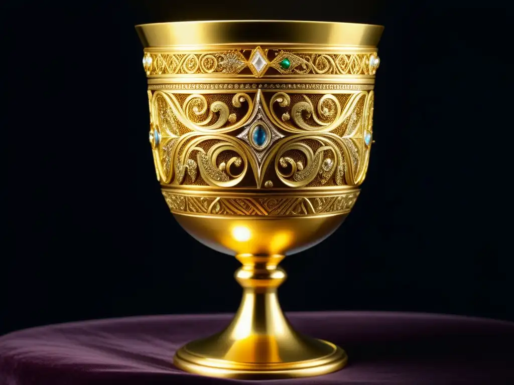 Chalíce de oro con filigrana bizantina Detalle fascinante del cáliz dorado con filigranas bizantinas y gemas, sobre terciopelo oscuro