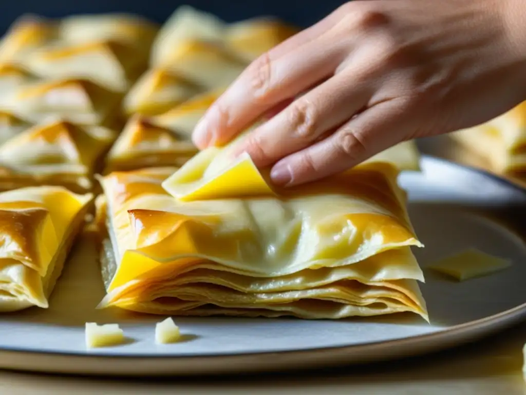 Detalle fascinante de capas de masa filo apiladas para un baklava, resaltando la precisión y destreza en la elaboración