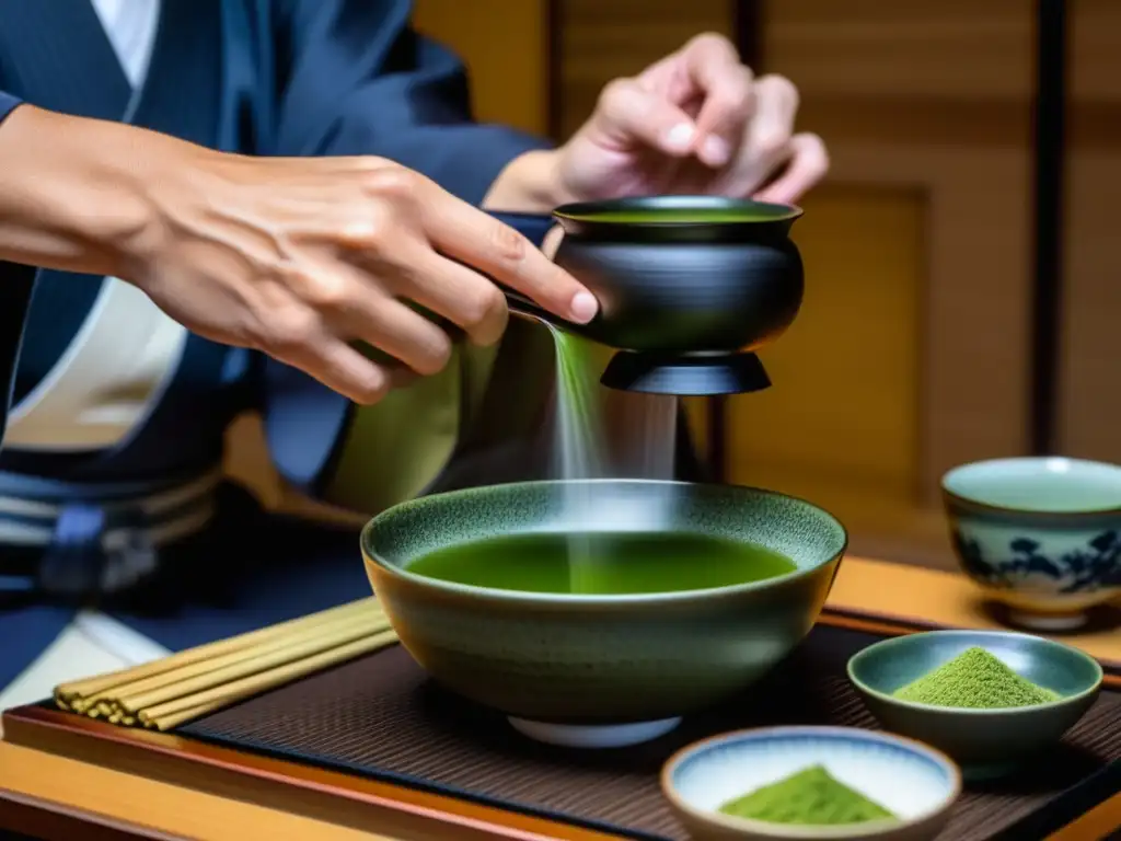 Detalle fascinante de una ceremonia del té japonesa, mostrando la tradición cultural en cada movimiento elegante del maestro del té