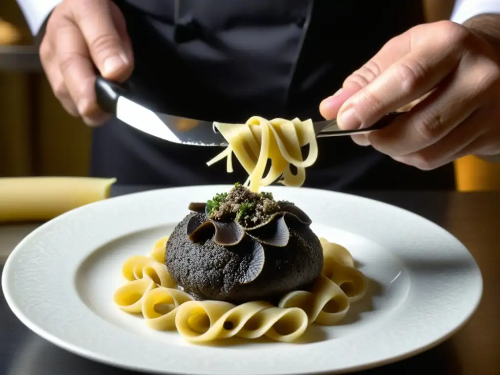 Detalle fascinante de un chef rallando una trufa negra sobre pasta gourmet