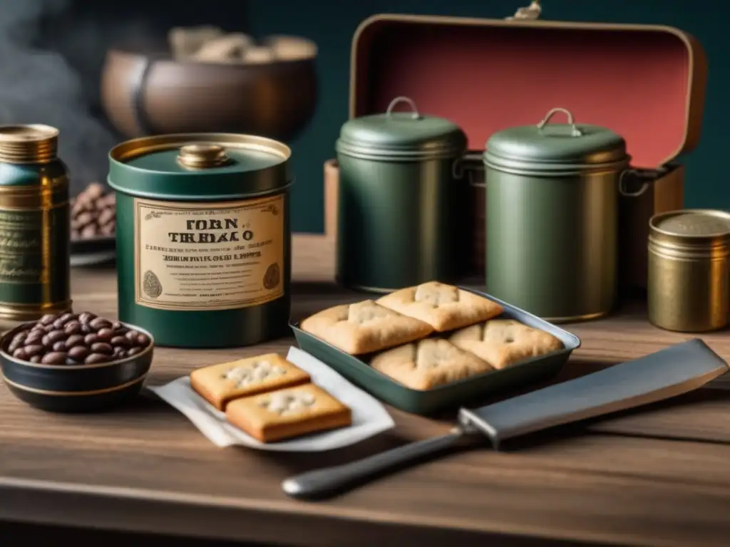 Detalle fascinante de las comidas para soldados en siglo XIX: galletas, carne salada, café y taza de lata