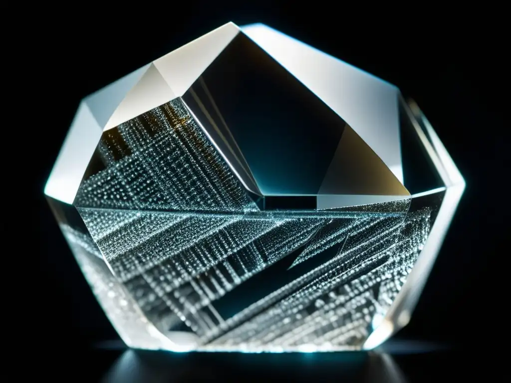 Detalle fascinante de un cristal de azúcar frente a un fondo oscuro, mostrando su estructura geométrica y claridad centelleante