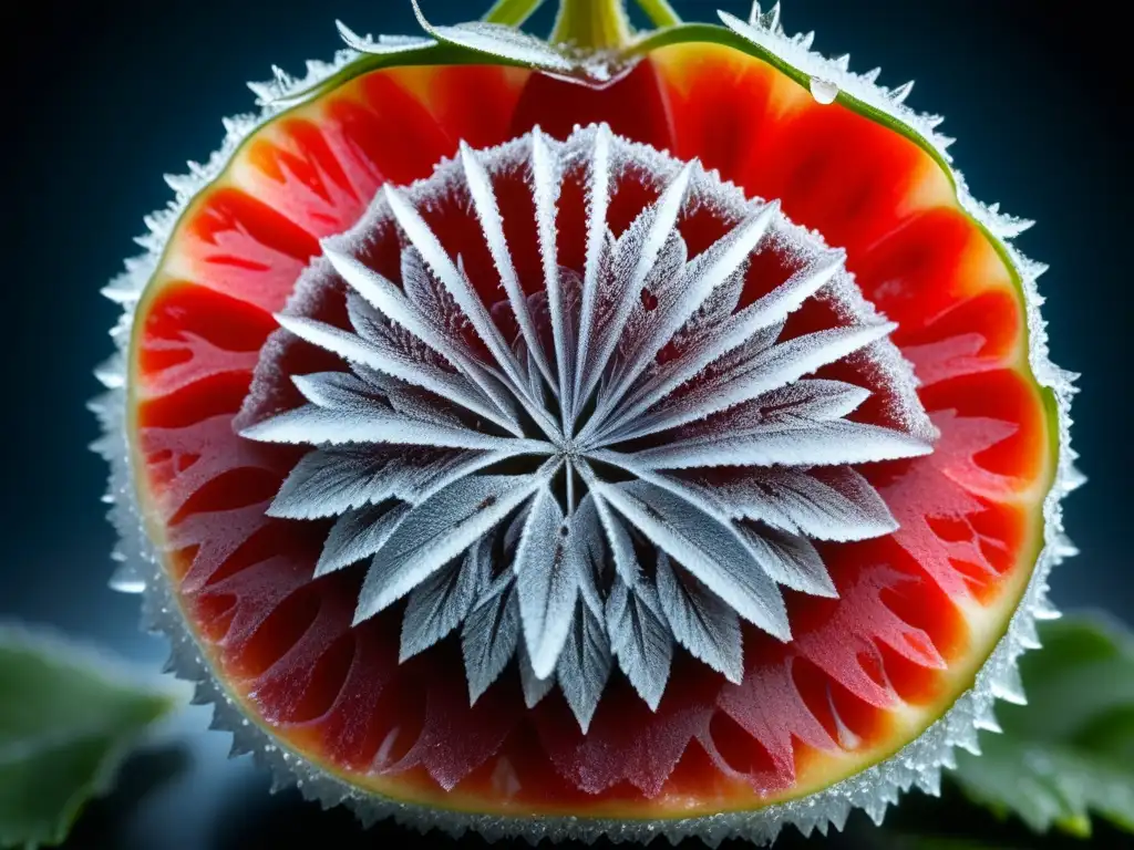 Detalle fascinante de cristales de hielo formándose en una fresa fresca, resaltando la importancia de los métodos prerefrigeración conservar alimentos