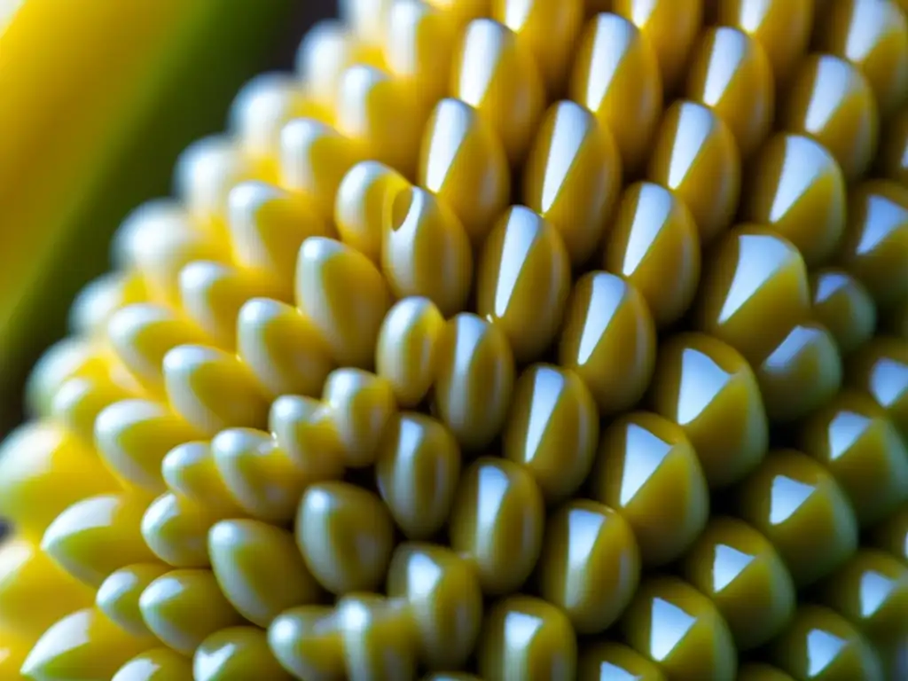 Detalles asombrosos de maíz amarillo en macro Detalle fascinante de un elote amarillo brillante, resaltando sus intrincados granos húmedos
