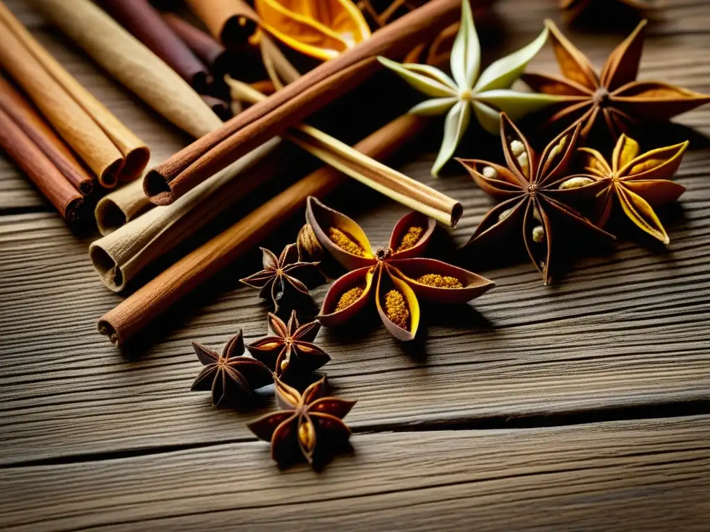 Exquisitas especias antiguas: detalle y color en madera Detalle fascinante de especias antiguas como canela, clavos, cardamomo y anís estrellado en una superficie de madera rústica