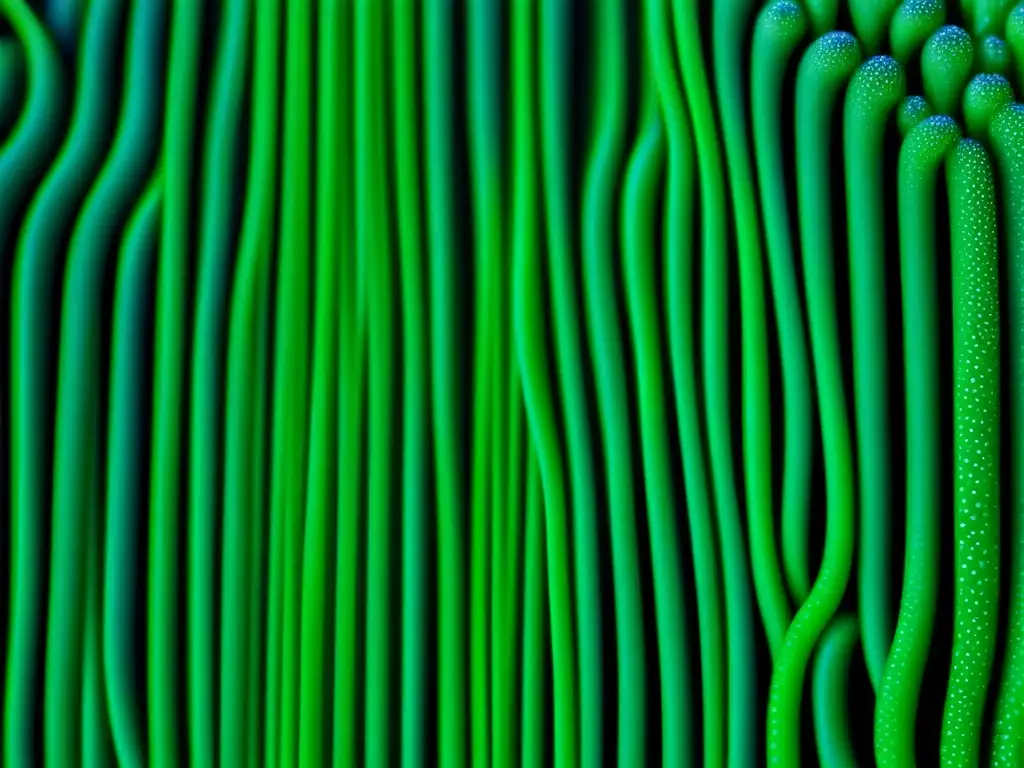 Detalle fascinante de espirulina verde vibrante con burbujas, mostrando su estructura única