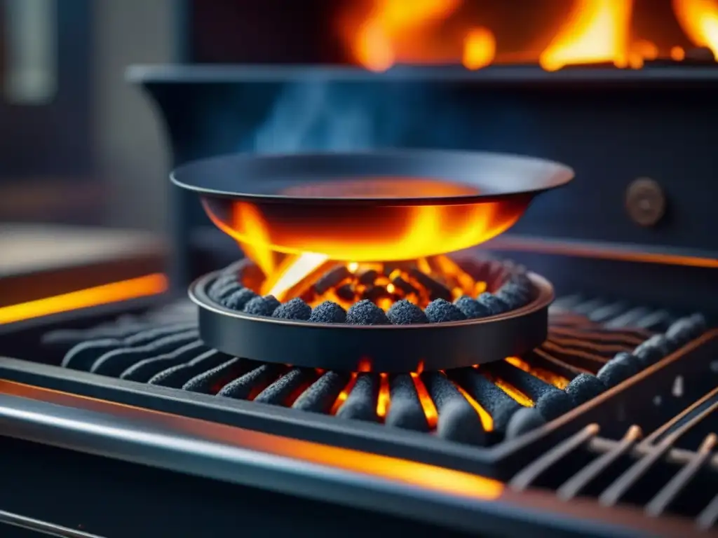 Detalle fascinante de una estufa de carbón vintage, resaltando la cocina moderna era industrial con fuego y hierro