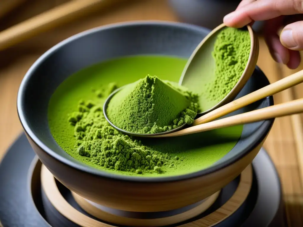 Detalle fascinante de la fina textura verde del té matcha cayendo en un cuenco de cerámica, resaltando la historia del té verde matcha