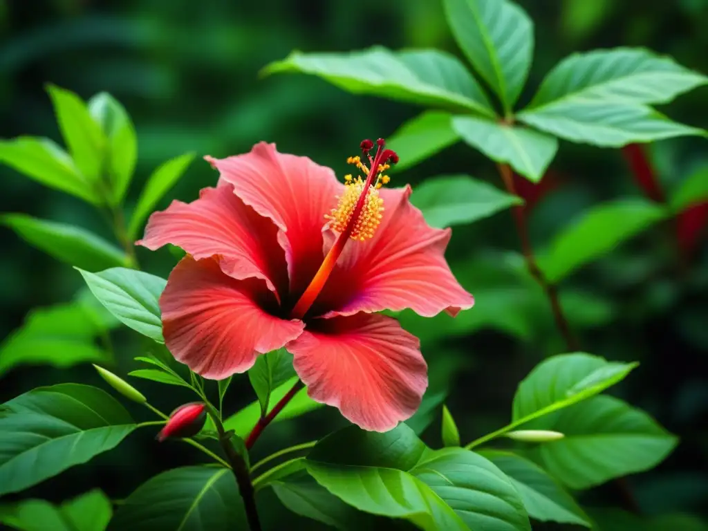 Detalle fascinante de una flor hibisco roja en la exuberante selva Maya