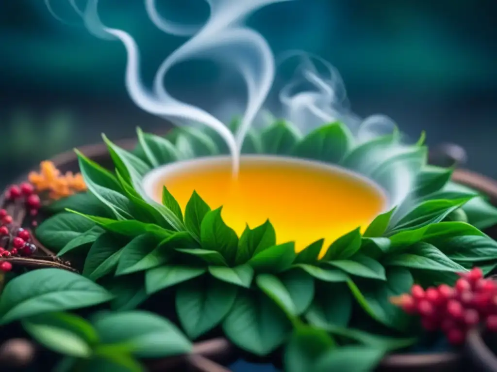 Detalle fascinante: hojas de té desplegándose en agua caliente, revelando patrones y colores vibrantes, envueltas en vapor