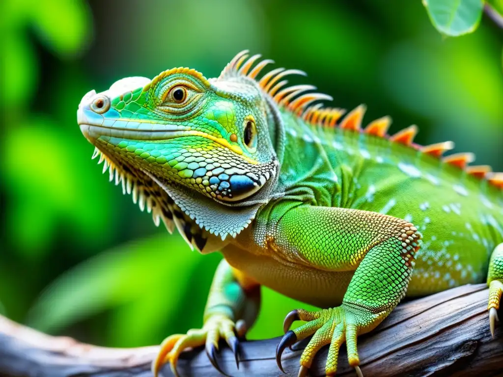 Detalle fascinante de una iguana verde en su hábitat natural, resaltando sus escamas y ojos bajo la luz del sol