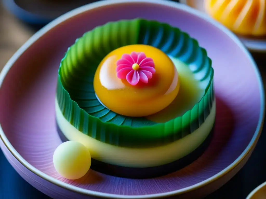 Detalle fascinante de un wagashi japonés con influencia portuguesa, resaltando su artesanía y colores vibrantes