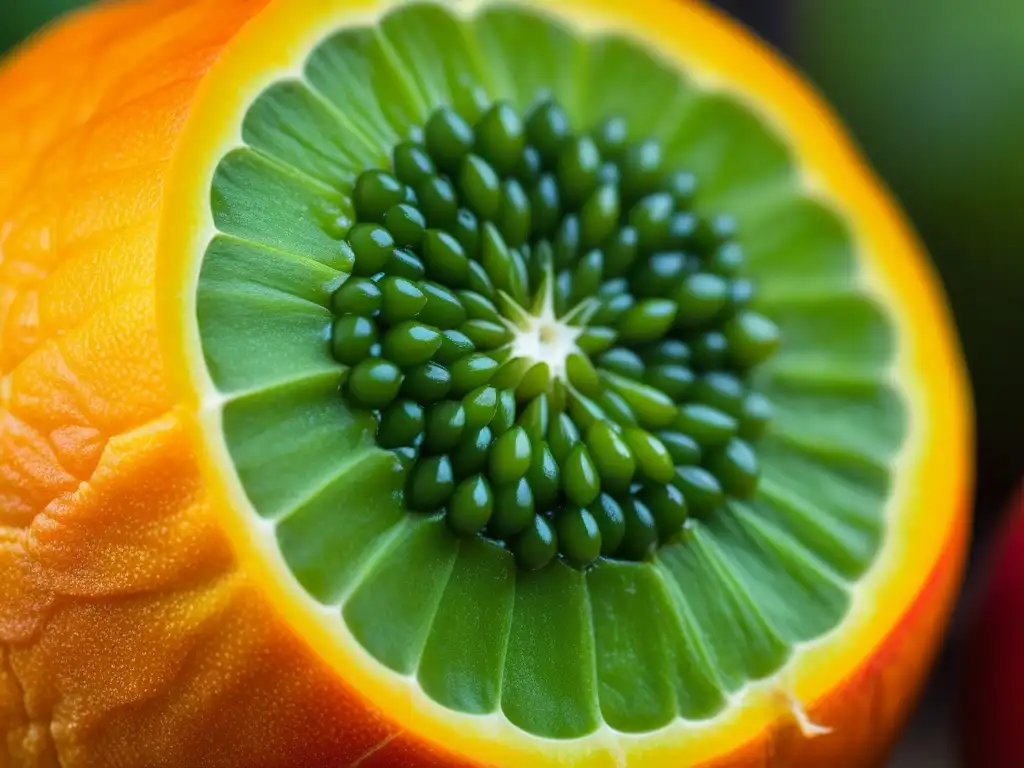 Detalle fascinante de una madura lúcuma, con su piel verde rugosa y matices amarillo-naranja