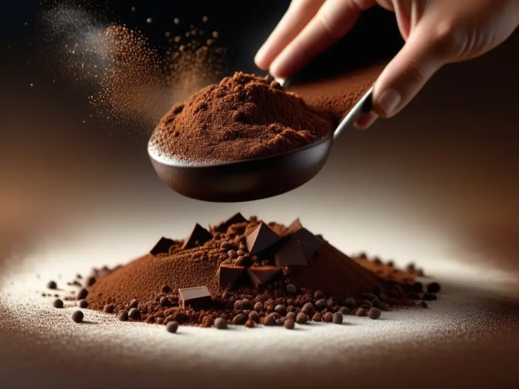 Detalle fascinante de una mano espolvoreando cacao sobre un postre de chocolate, capturando la evolución del uso del chocolate