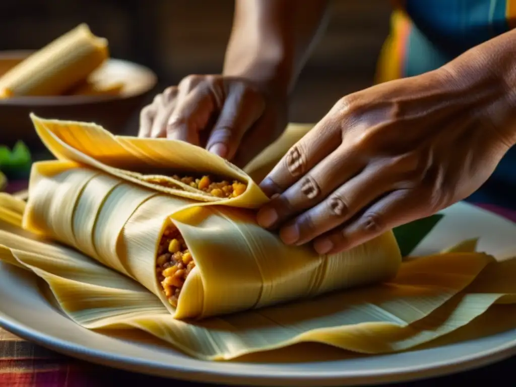 Detalle fascinante de manos expertas ensamblando un tradicional tamal, evolución de los tamales históricos