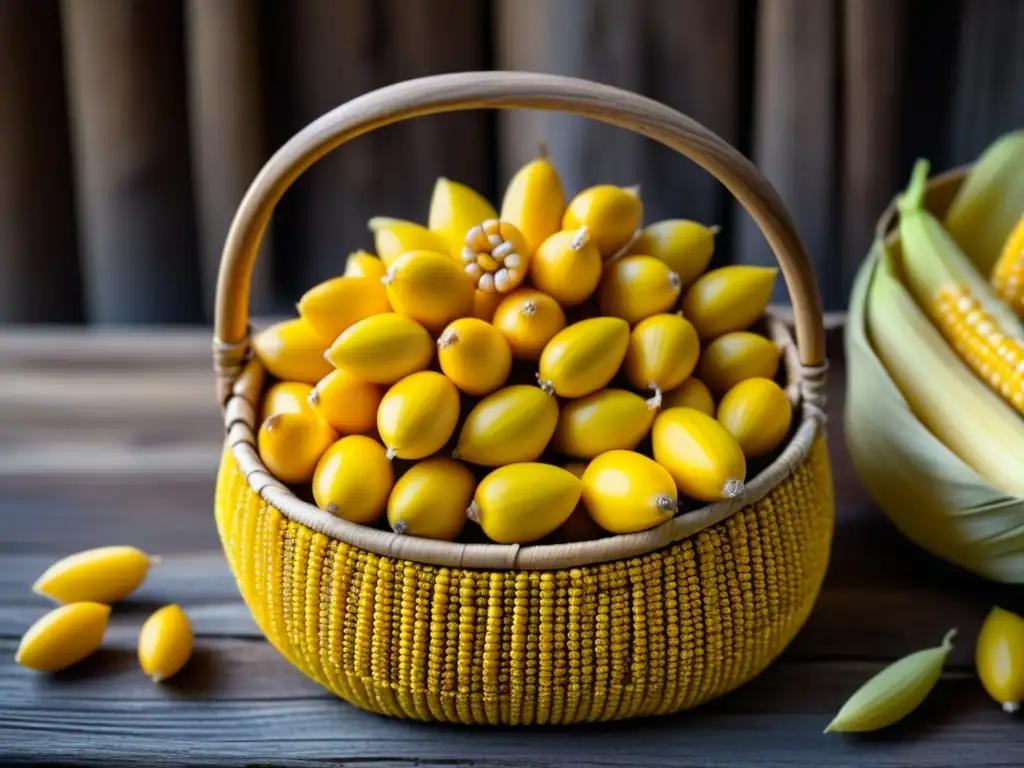 Detalle fascinante de mazorcas de maíz amarillo en cesta Inca, resaltando la importancia del maíz en sociedades prehispánicas