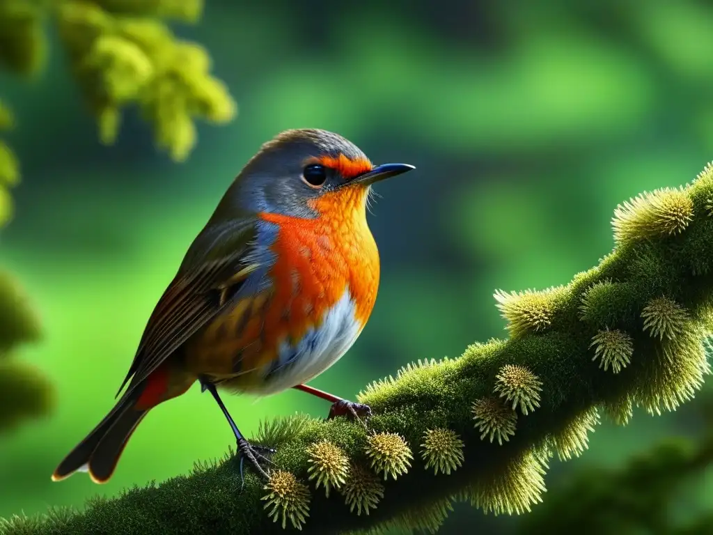 Detalle fascinante de un petirrojo rojo posado en una rama musgosa, destacando su belleza natural