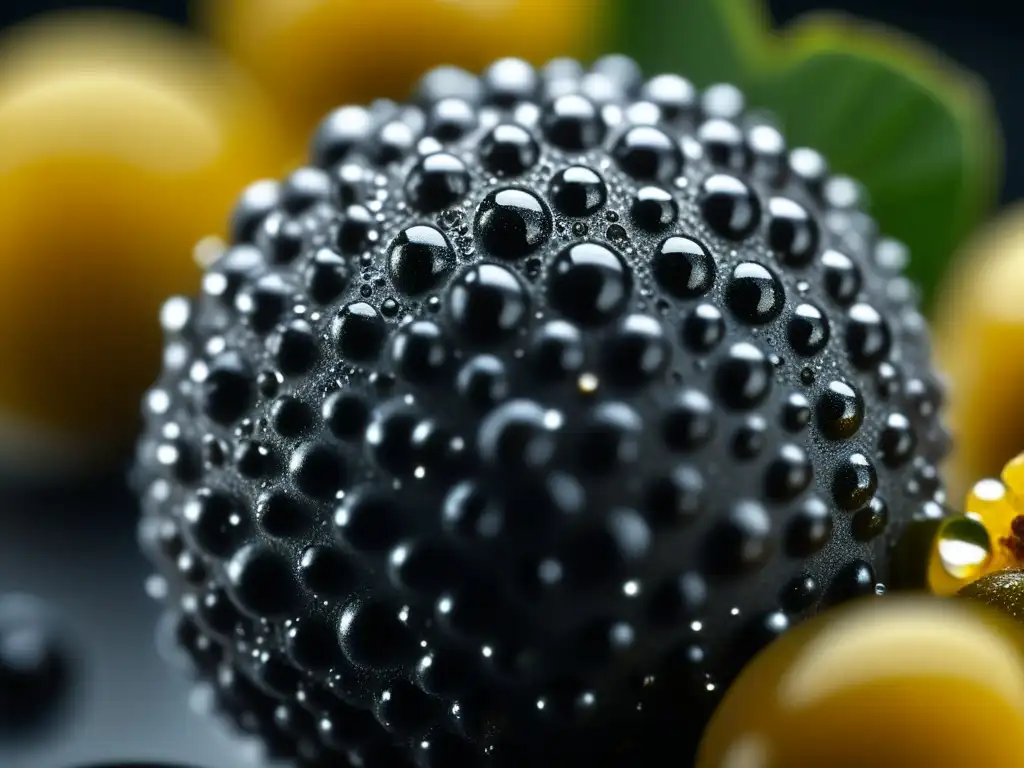 Detalle fascinante de una pimienta negra con gotas de agua, resaltando su frescura y riqueza