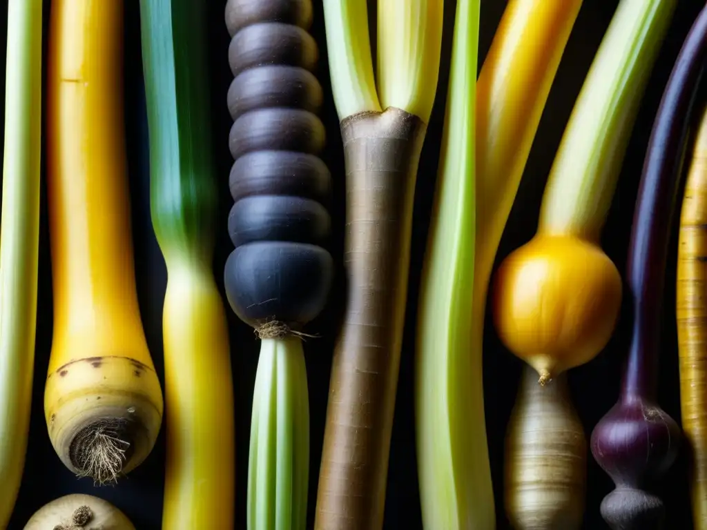 Detalle fascinante de raíces y tubérculos históricos: yuca, camote, olluco y mashua, simbolizando la dieta Valdivia