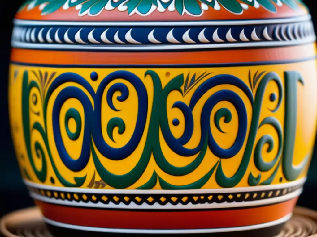 Detalle fascinante de un recipiente tradicional de pulque, con colores vibrantes y símbolos antiguos, destacando la historia y culturas del pulque