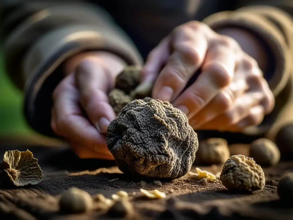 Detalle fascinante de trufa siendo limpiada a mano, evocando la tradición de Festivales de trufa cultura histórica