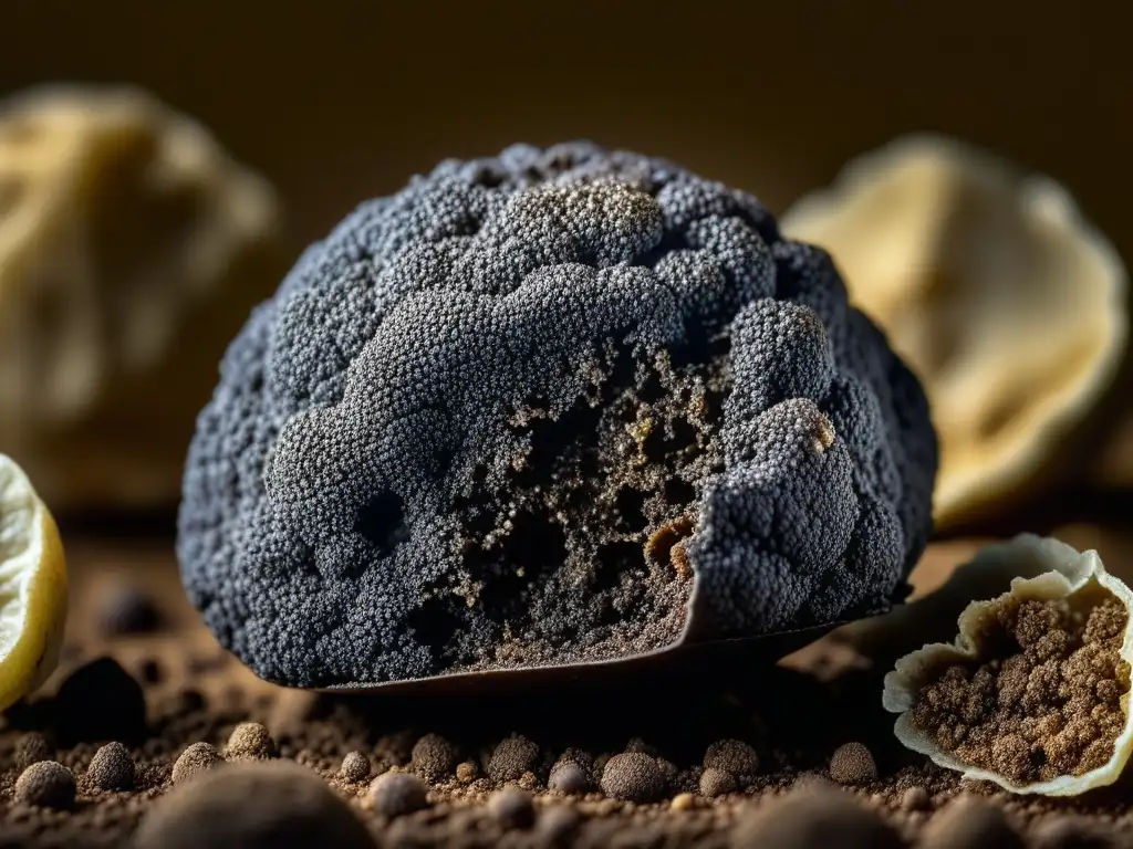 Detalle fascinante de una trufa negra recién desenterrada con patrones y texturas únicas