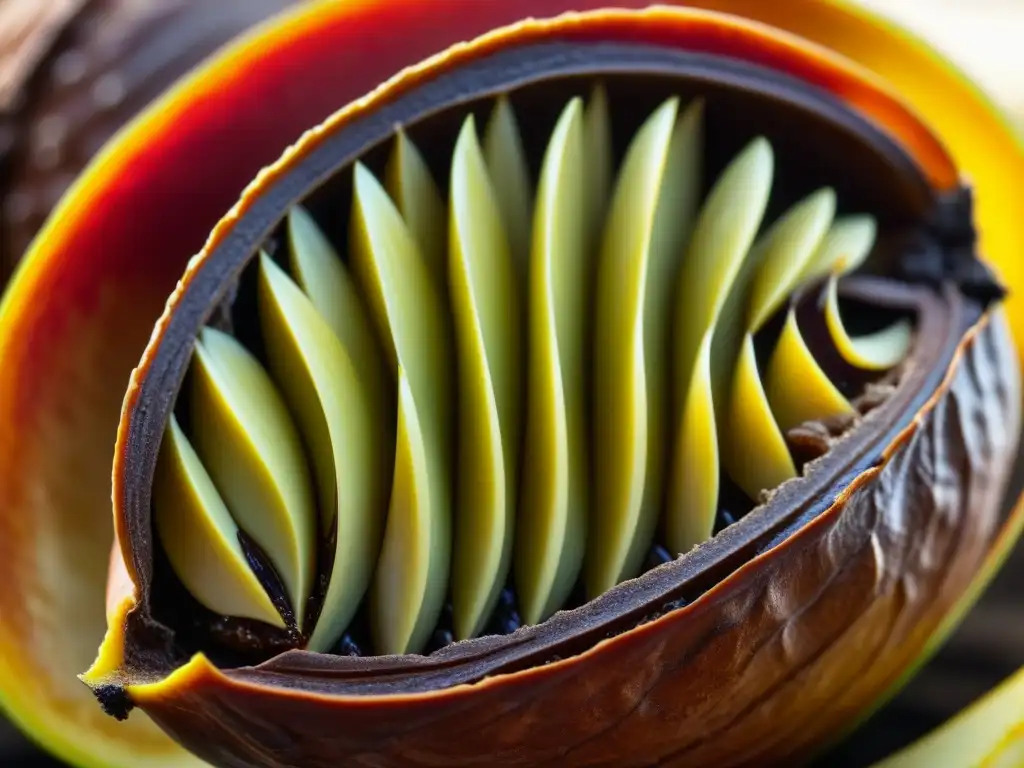 Detalle fascinante de una vaina de cacao abierta, mostrando semillas brillantes cubiertas de cacao