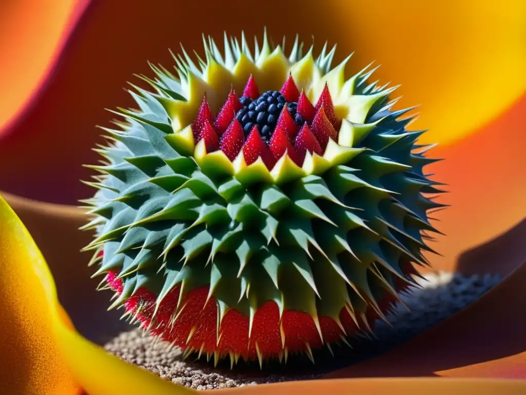 Detalle fascinante del vibrante y espinoso higo chumbo, resaltando sus texturas y colores en una macrofoto, historia higos chumbos desierto