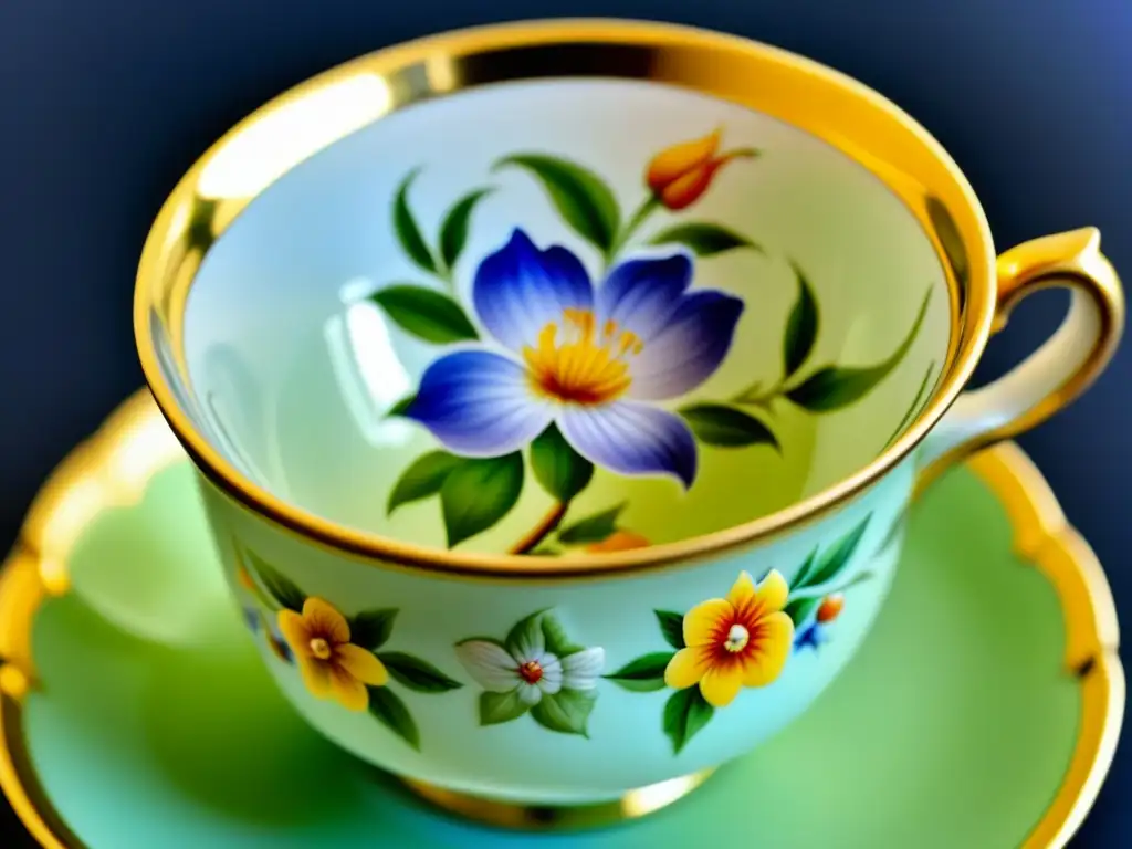 Detalle de una fina taza de porcelana Sévres del siglo XVIII, con motivos florales pintados a mano en colores pastel