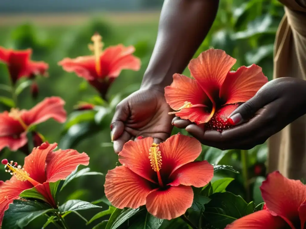 Detalle de recolección de flores de hibisco rojo en campos africanos, resaltando la belleza de las especias en medicina tradicional africana