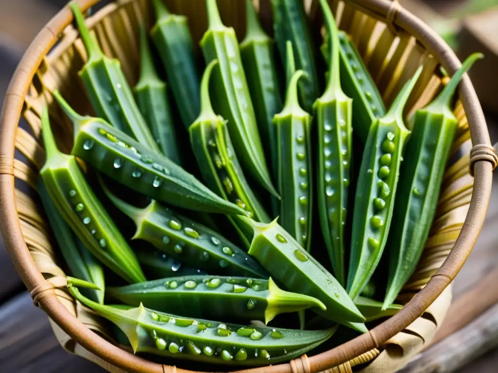 Detalle de okra fresca en cesta tejida, resaltando su textura y frescura