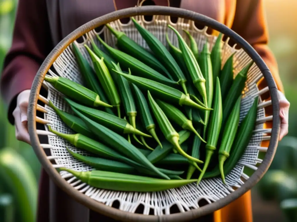 Detalle de okra fresca en cesta tejida, resurgimiento alimentos autóctonos cocina africana