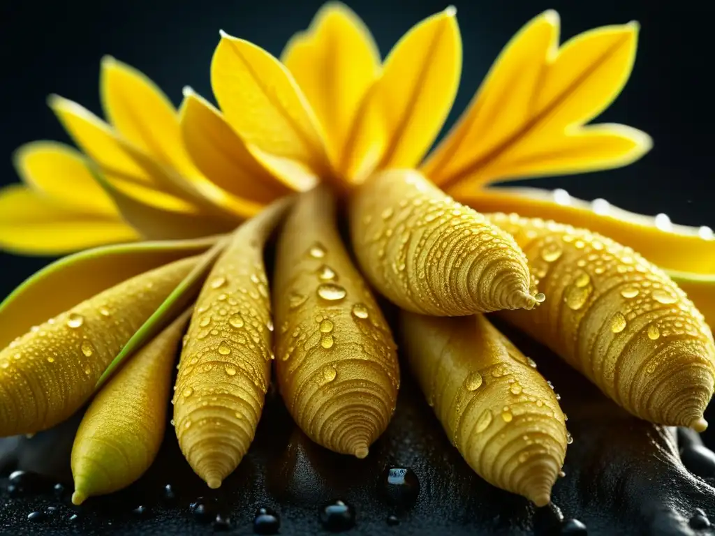 Detalle del fresco jengibre con gotas de agua, resaltando su belleza natural