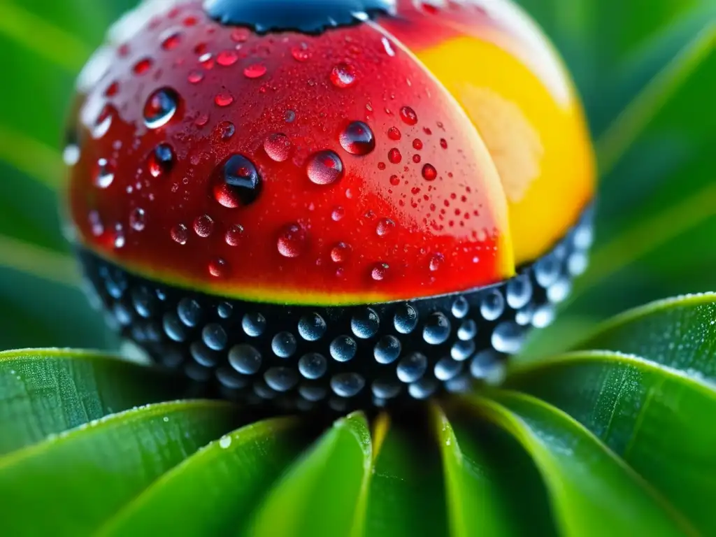 Guaraná amazónico: detalle exótico y energizante Detalle de una fruta de guaraná vibrante, recién recolectada de la selva amazónica, cubierta de gotas de rocío