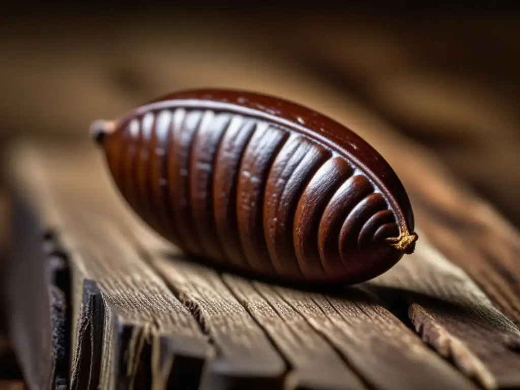 Detalle de un grano de cacao en una superficie rústica de madera