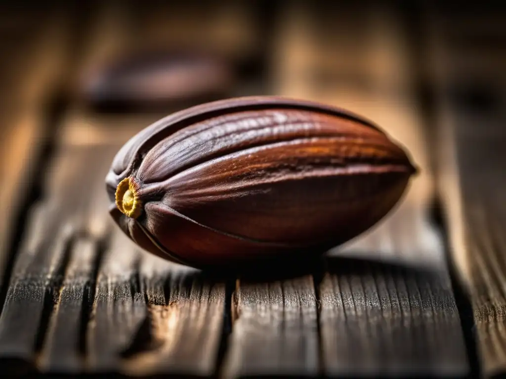 Detalle de un grano de cacao en una superficie de madera, resaltando su textura y color