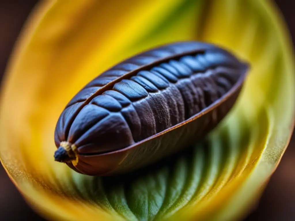 Detalle de un grano de cacao resaltando su textura e imperfecciones bajo una luz suave, reflejando la historia del café y cacao