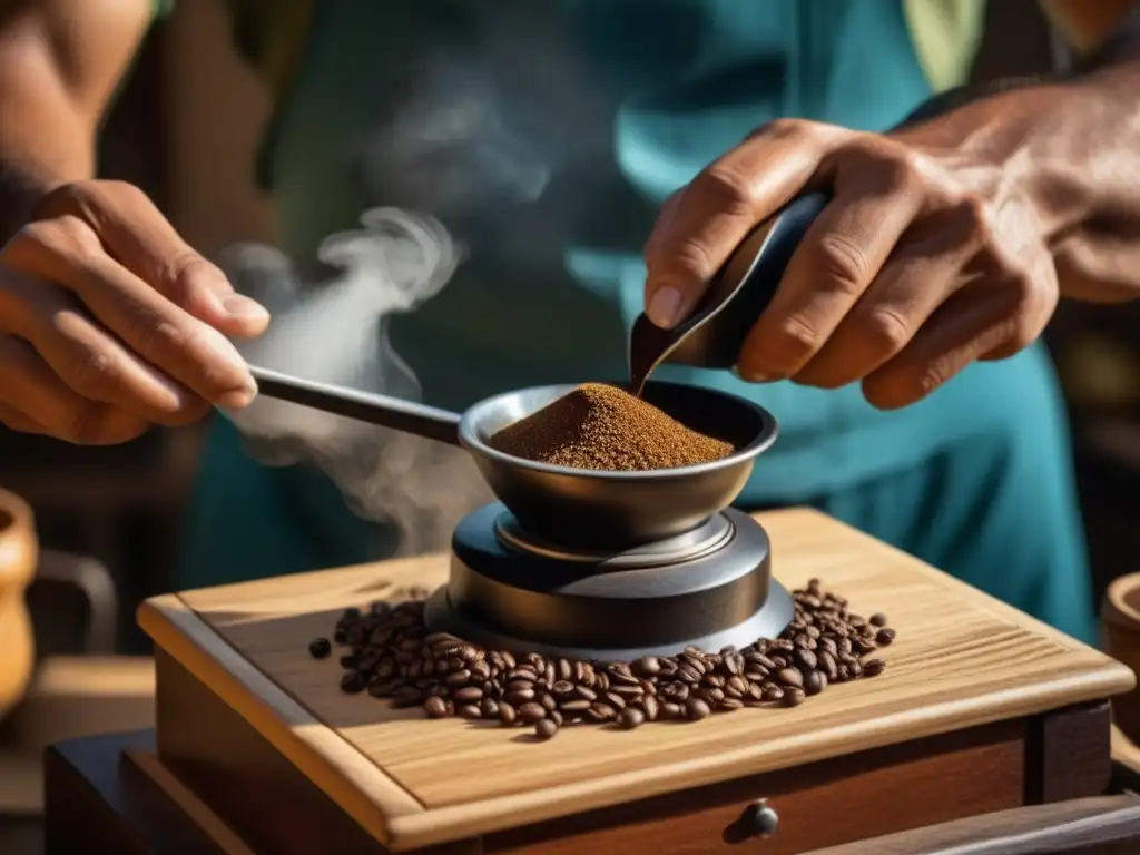 Detalle de un grano de café cubano molido a mano en un molinillo tradicional de madera, resaltando su textura y colores ricos