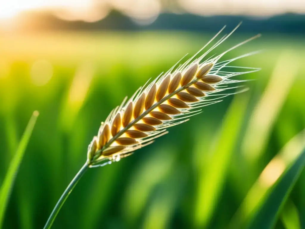 Detalle de grano de trigo en campo soleado, destacando la importancia del cultivo de cereales con prácticas sostenibles