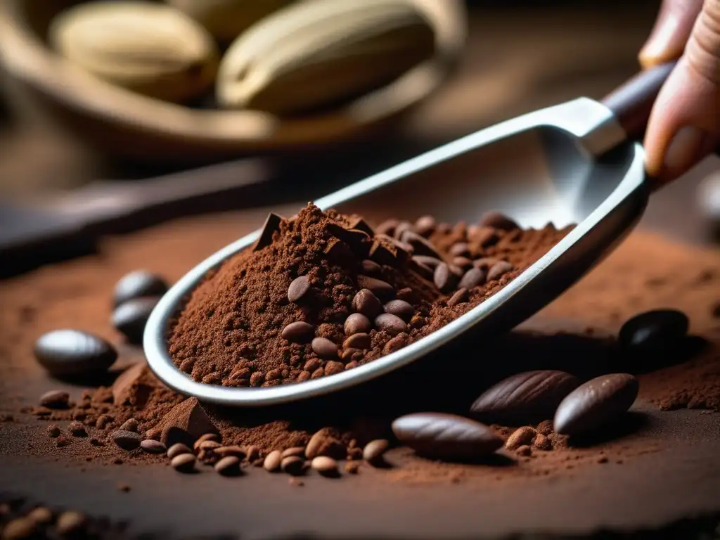 Detalle de granos de cacao molidos en pasta de chocolate oscuro, resaltando la historia y el impacto cultural del proceso artesanal de chocolatemaking