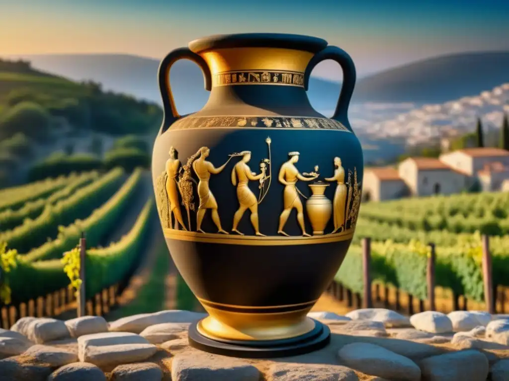 Detalle de ánfora griega antigua con escenas de vendimia, destacando la historia y la influencia cultural de los vinos griegos