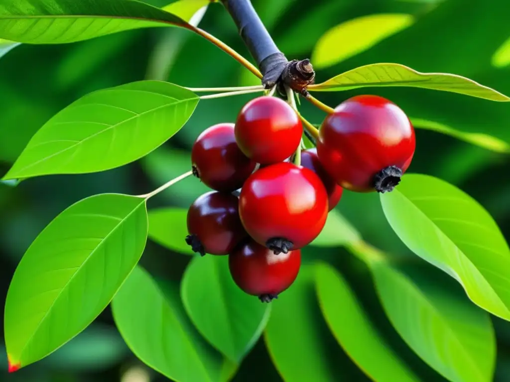 Detalles vibrantes de guaraná maduro en la selva amazónica Detalle de guaraná maduro en Amazonía: hojas verdes, frutos rojos y energía