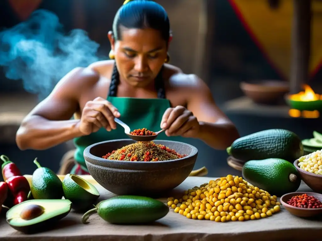 Detalle de guerrero Maya preparando comida tradicional rodeado de ingredientes auténticos