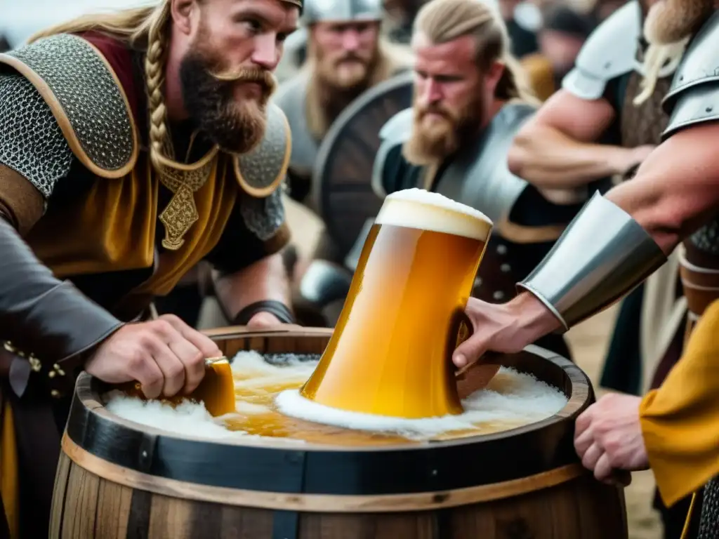 Detalle de guerreros vikingos vertiendo cerveza dorada en cuernos