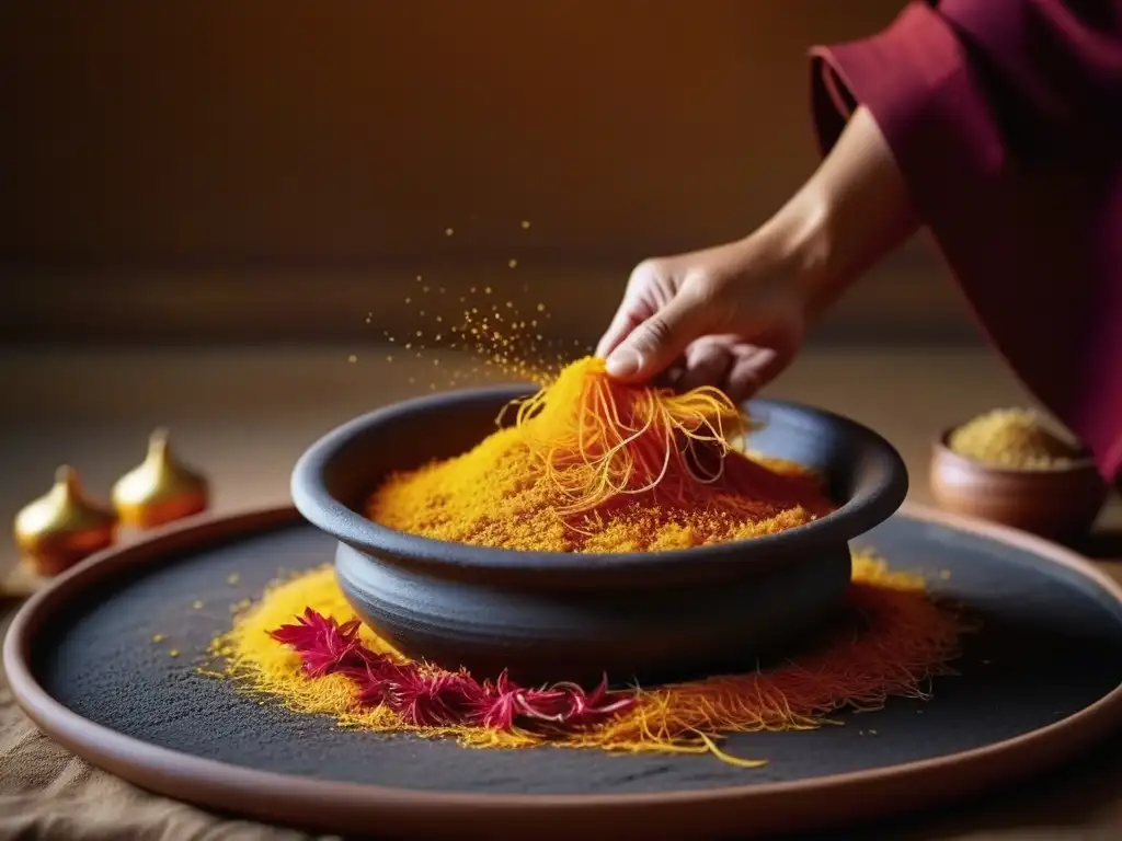 Detalle de hebras de azafrán rojo cayendo en olla de curry burbujeante, resaltando importancia cultural especias cocina mundial