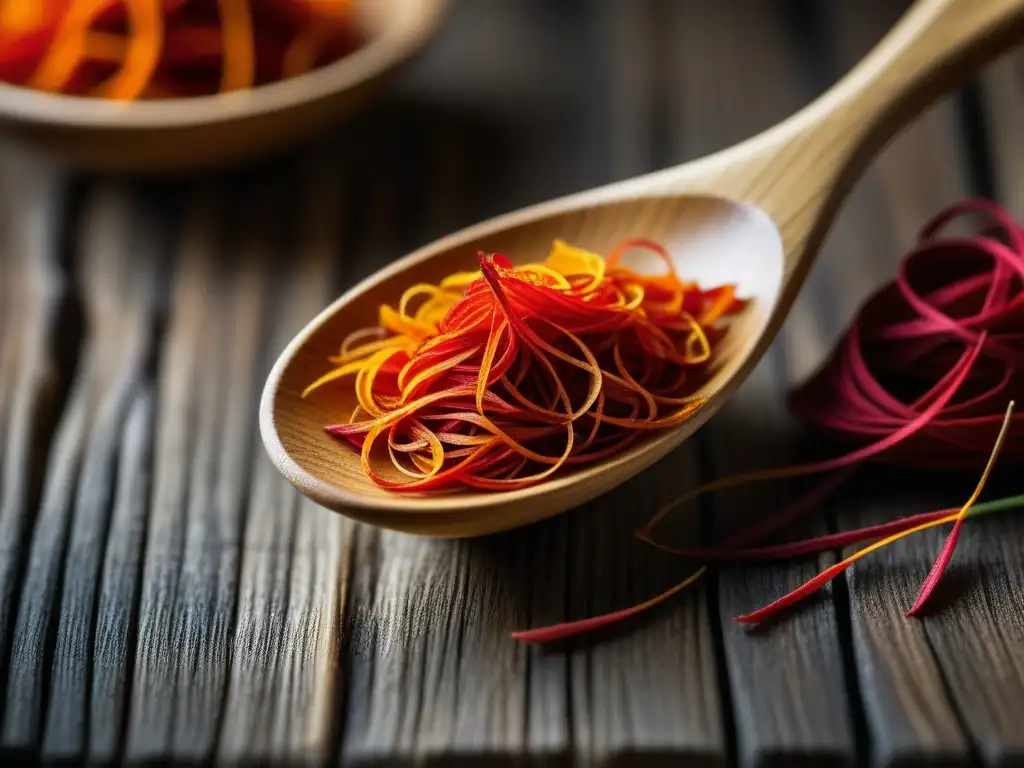 Detalle de hebras de azafrán rojo sobre una cuchara de madera, resaltando su color y textura en la historia del azafrán en Asia