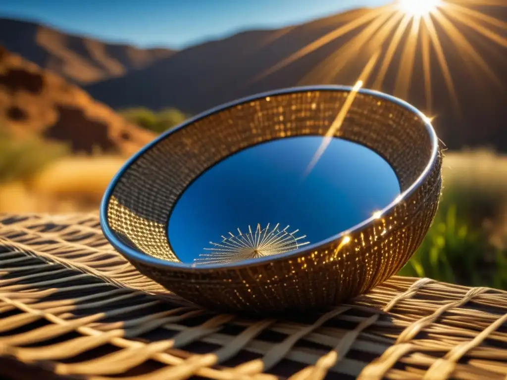 Detalle de una hermosa y compleja cocina solar ancestral hecha de fibras naturales y materiales reflectantes, brillando bajo la luz del sol