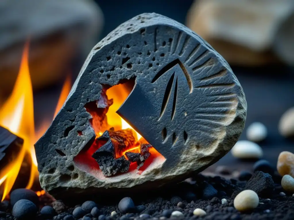 Detalle de herramienta de piedra usada en la historia de técnicas de asado, evolución culinaria en la Edad de Piedra